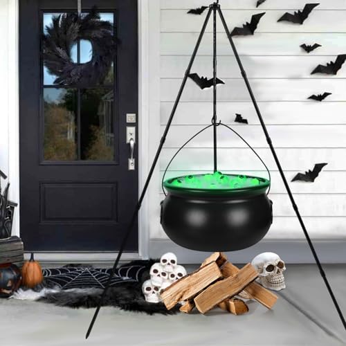 Outdoor Halloween Witch Cauldron with Tripod and Glowing Eyeballs - Spooky Yard Decor