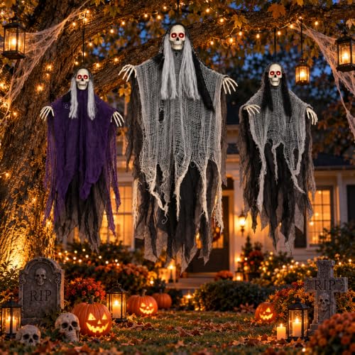 Halloween Outdoor Decorations Set with Glowing Skeleton Ghosts - Spooky Hanging Figures, 3 Pack