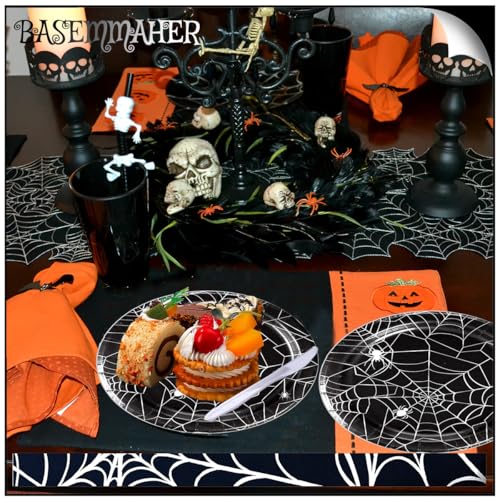 Halloween Spider Web Paper Plates Set - Disposable 7 Inch Dinnerware for Parties