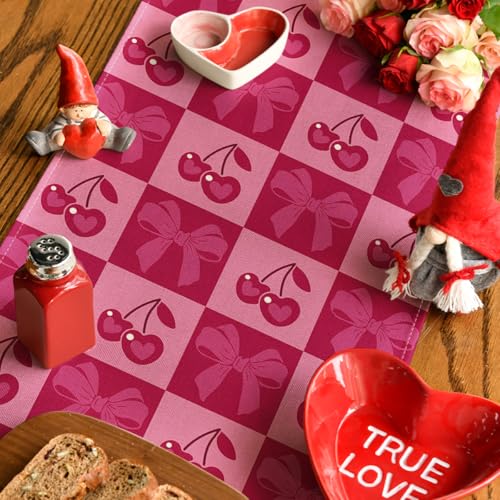 Cherry Bowknot Table Runner 13x60 Inch Pink Red Valentine Home Decor