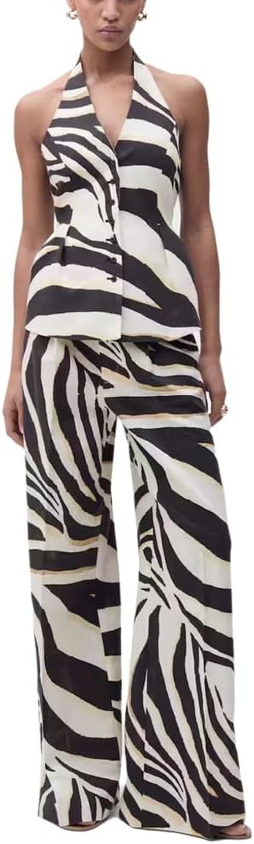 Skiennix 2-Piece Women's Zebra Print Outfit - Halter Top & Wide Leg Pants for Summer Vacation