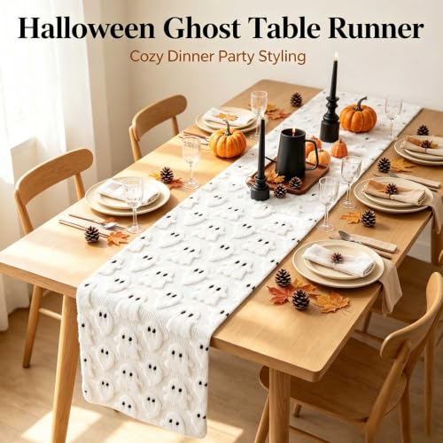 Halloween Decor Table Runner White Faux Fur Ghost 13x72 Inches - Variation: White Ghost