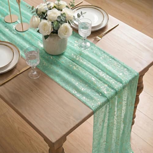 Turquoise Gauze Gold Table Runner 10FT 3-Pack - 28x120 Inch Wedding Holiday Decor