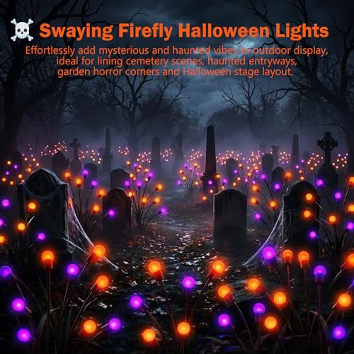 Halloween Firefly Solar Lights 2 Pack - Orange & Purple, Flickering LED Pathway Decor