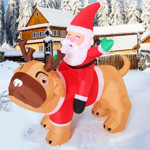 5 Ft Christmas Inflatable Santa Riding Pug Yard Decor with LED Lights Outdoor Holiday Decoration