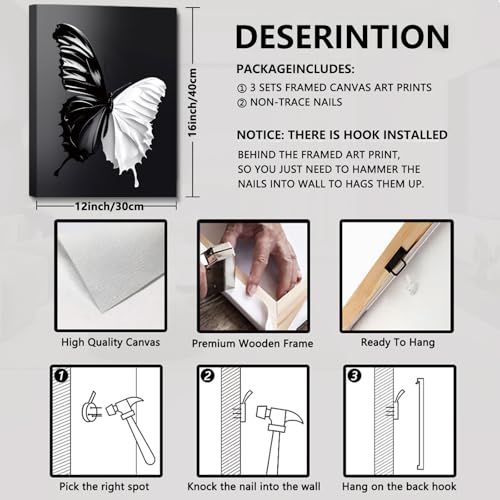 Black and White Butterfly and Flowers Wall Art - Ready to Hang Landscape Decor