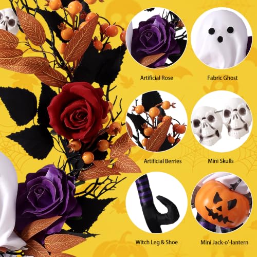 Halloween Wreath for Front Door 24.8 Inch with Witch Legs & Pumpkins - Indoor Outdoor Decor
