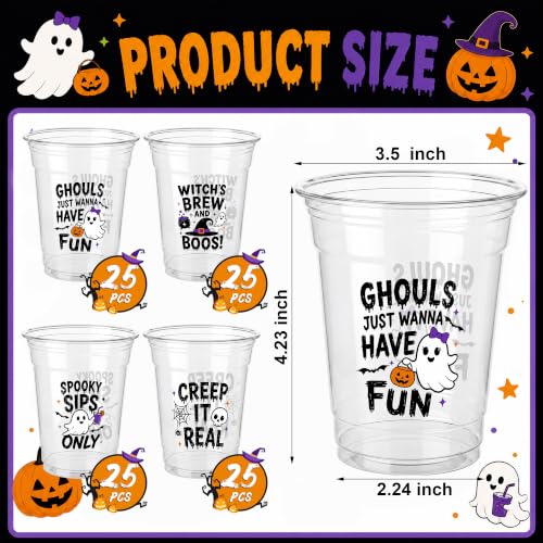 Halloween Plastic Cups 100 Pack - Spooky Theme Sayings & Designs, 12 oz, Party Supplies