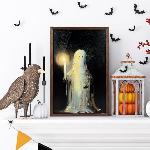 Halloween Wall Art Ghost Holding Candle Wooden Decor - Spooky Wall Hanging