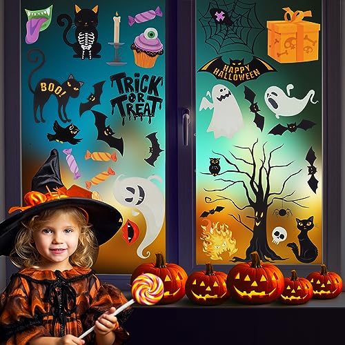 Halloween Window Clings 6 Sheets - Colorful Ghost Spider Witch Haunted House Decorations