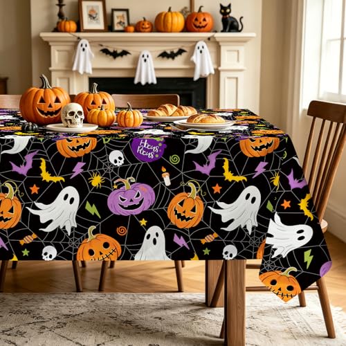 Purple Pumpkin Ghost Bat Table Cloth 55x70 Inch Rectangular Halloween Decor - Variation of Ghost Purple Pumpkin
