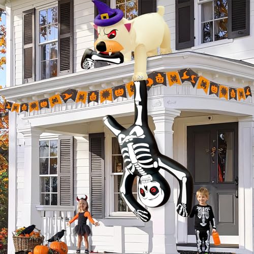 8FT Giant Halloween Inflatable Dog & Skeleton Scene with LED Lights - Outdoor Decor