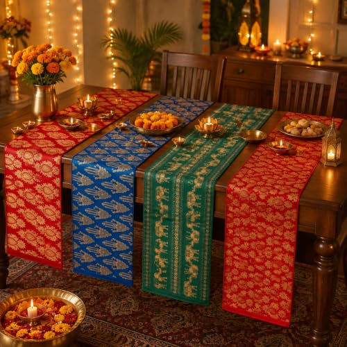 Diwali Themed Linen Table Runner Set - 4 Piece Indian Celebration Decor