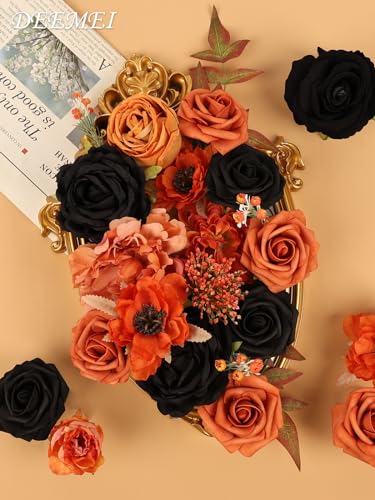 Artificial Flowers Orange Black Combo Set for Wedding Bridal Halloween Decor - 24 Pieces
