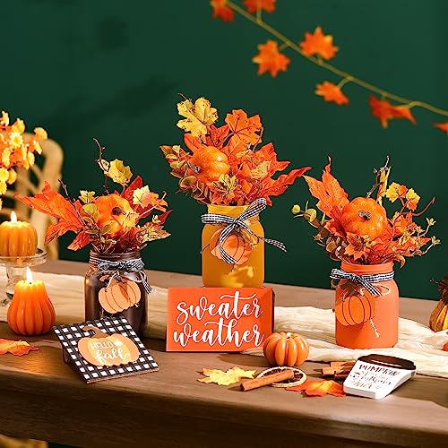Fall Mason Jar Centerpieces with Pumpkin Leaf Wooden Sign - Rustic Home Decor