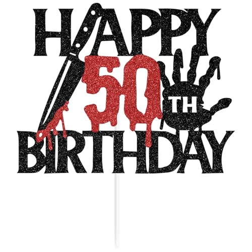 Black Glitter Killer Happy 50th Birthday Cake Topper - Halloween Horror Theme - Variation 50