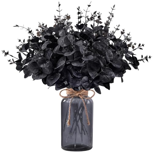 Black Eucalyptus Stems with Glass Vase - Halloween Table Decor, Variation: Black With Vase