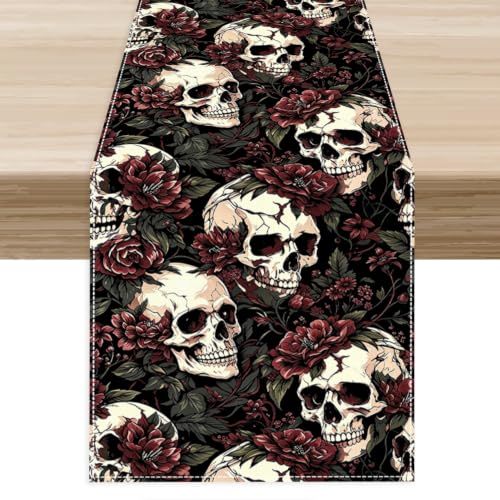 Gothic Table Runner 13x36 Inch Retro Rustic Black Rose Skull Halloween Decor - Variation Gothic-6