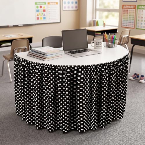 Polka Dot Table Skirt for Teacher Desk - Black & White 72x30 Inches - Elegant Style