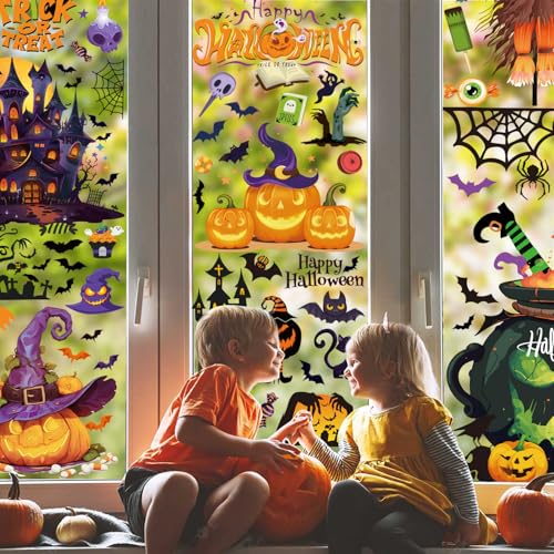 Halloween Window Clings Decals Set - Reusable Ghosts Pumpkins Bats for Party Decor