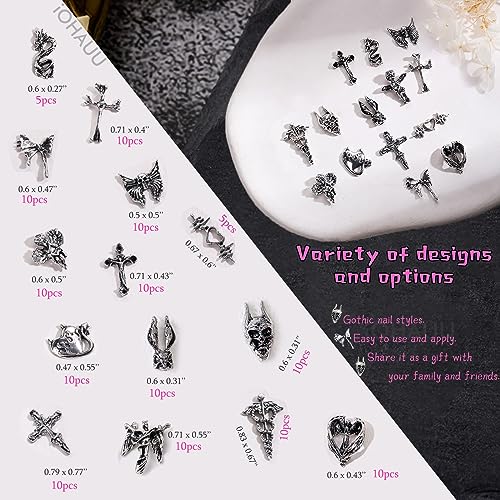Gothic Nail Charms Set - 130 Pieces Y2K Punk Emo Silver & Black Nail Art Accessories