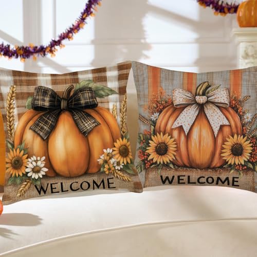 Fall Pumpkin Sunflower Throw Pillow Covers 18x18 Inch - Set of 4 - Orange Autumn Decor Variation M4welcomepumpkin
