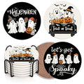 Halloween Ghost Pumpkin Ceramic Drink Coasters Set of 6 with Cork Bottom & Metal Holder - Fall Decor
