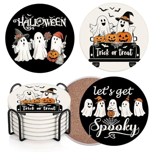 Halloween Ghost Pumpkin Ceramic Drink Coasters Set of 6 with Cork Bottom & Metal Holder - Fall Decor