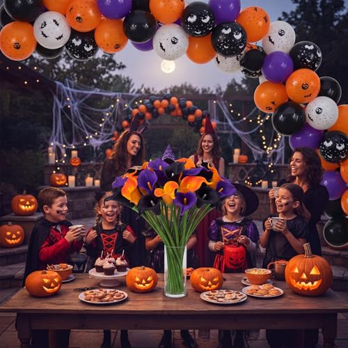 Halloween Flower Picks Set - 24 Black, Orange & Purple Artificial Calla Lilies, 14 Inch