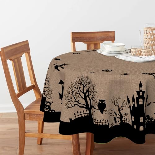 Halloween Tablecloth 60x60 Inch Round Castle Tree Spooky Themed Beige