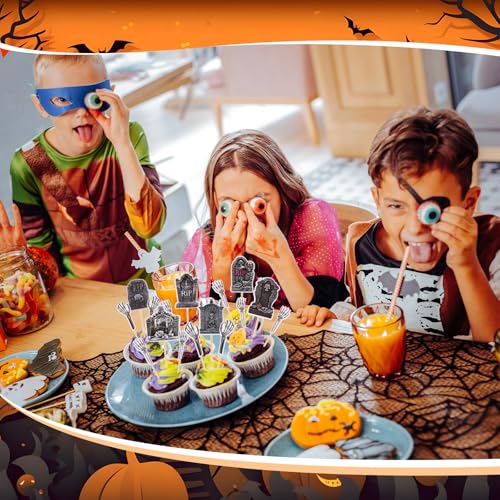 Halloween Cupcake Toppers Set - Tombstone & Skeleton Zombie Hand Picks, 48 Pcs
