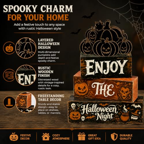 Halloween Wooden Tiered Tray Decor Set with Pumpkin and Spooky Signs