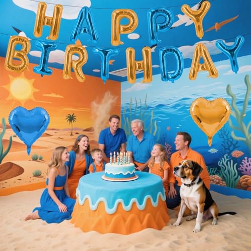 Orange Blue Happy Birthday Balloons Banner & Foil Balloon Set - Dog Party Decoration - Variation B
