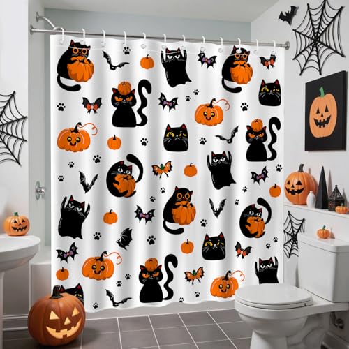 Halloween Shower Curtain Black Cat Pumpkin Ghost Waterproof Fabric 72x72 Inch