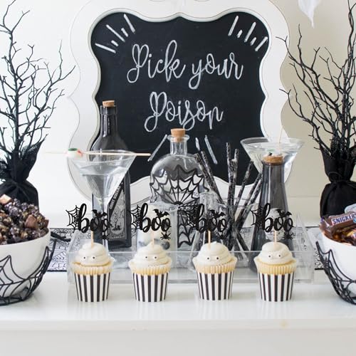 Halloween Boo Cupcake Toppers Glitter Spider Web Bat Set - Pattern A4, 24 pcs