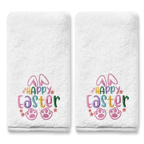 Easter Hand Towels Set of 2 - Pink Cotton Bunny Kitchen & Bathroom Decor 14x30 inches - Variation of Easter / 14x30 in