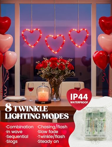 Valentine's Day Heart Window Lights - Red 30 LED Battery & USB Powered, Timer