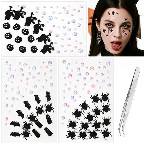 Halloween Black Face Stickers Gems for Makeup - Spider Bat Witch Rhinestones - Variation: Black Halloween