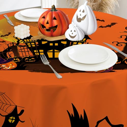 Halloween Round Tablecloth 70 Inch - Orange Table Cover for Parties - Variation: Orange Castle