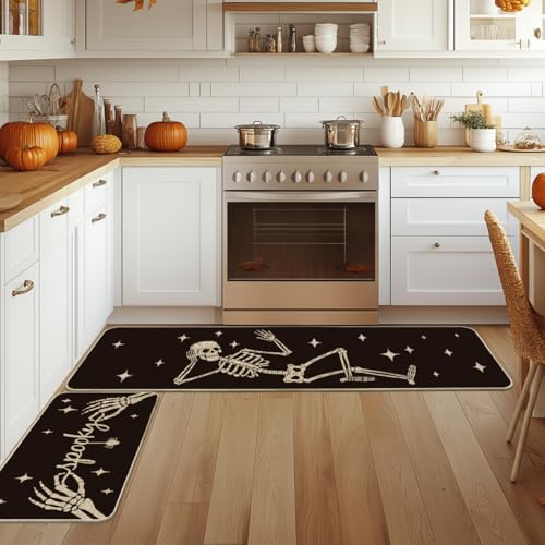 Skeleton Halloween Kitchen Mats Set of 2 - Black 17x29 & 17x59 Inches
