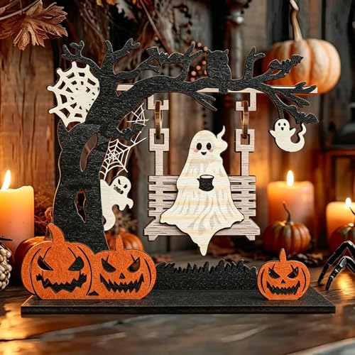 Halloween Ghost Swing Wooden Tabletop Ornament T1 - Creepy Forest Scene Decor