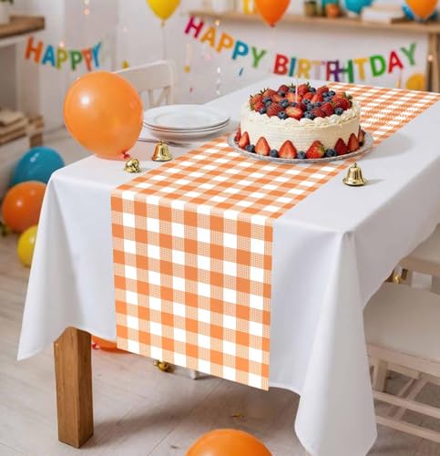 Orange Gingham Table Runner - 6 Pack Disposable Plastic Checkered Table Decor