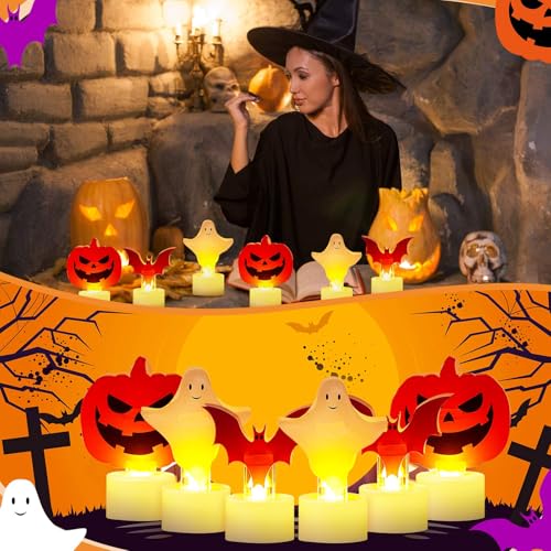 Halloween Flameless Candle Set with Pumpkin, Bat & Ghost Designs - Safe LED Tealights