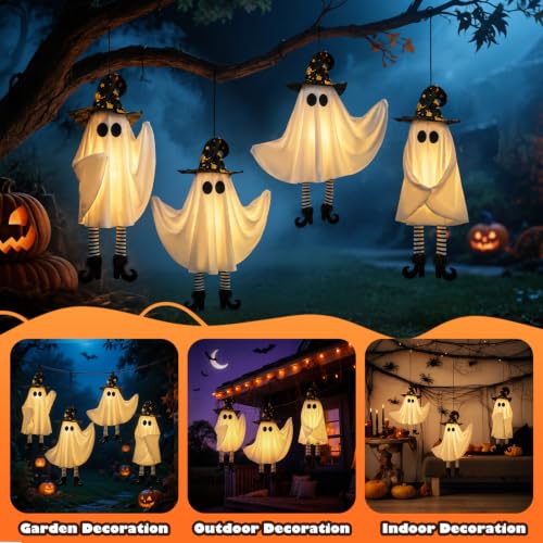 White Hanging Ghost Decor Set with Lights - 20x6 in, 4 pcs, Battery-Operated, Adjustable Swings for Halloween Yard & Indoor