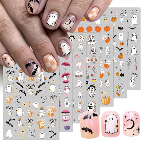 Halloween Nail Art Stickers - 3D Pumpkin Ghost Spider Web Bats Decals, Self-Adhesive, 8 Sheets - Halloween Edition