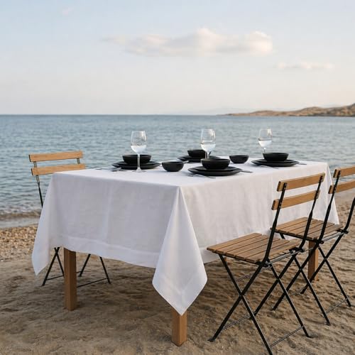 White Linen Tablecloth 54x72 Inches - Handcrafted Pure European Flax