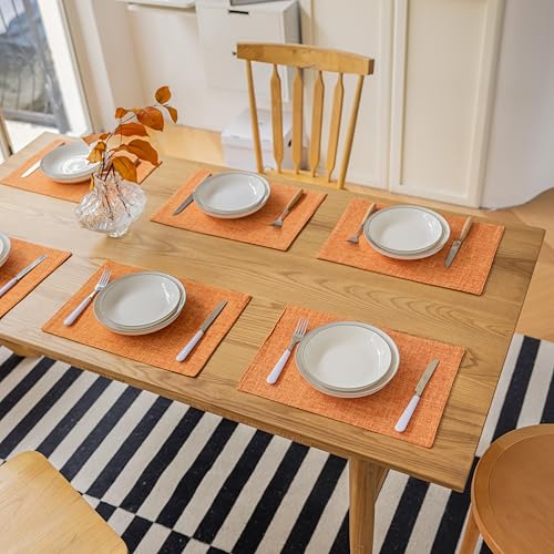 Demetex Fall Placemat Set of 4 - Orange Linen Table Mats, Heat-Resistant, 13x19 Inch