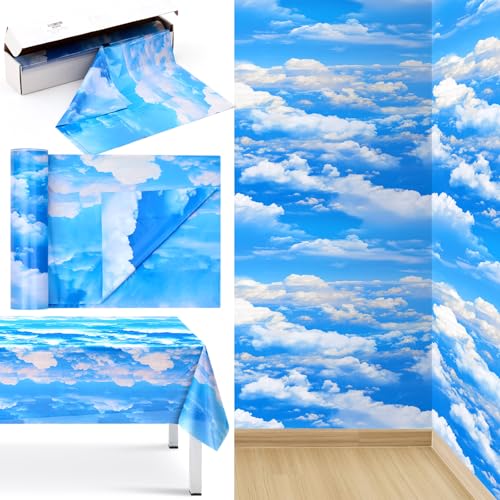 Blue Sky White Cloud Party Tablecloth - 1181 x 59 Inch, Cloud Pattern, Waterproof & Cuttable, Children's Birthday & Outdoor Decor - Variation: Clouds / 15.9 x 3.2 Inch