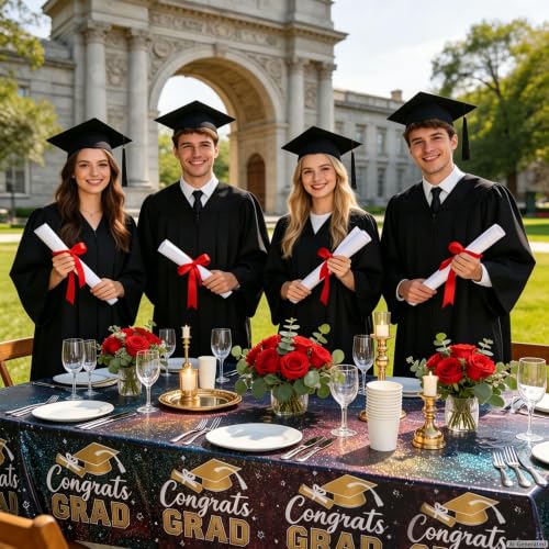 Black Graduation Tablecloth - 9ft Shimmering Laser Holographic Cover, 3 Pack