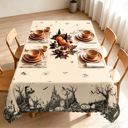Beige Halloween Pumpkin and Ghost Tablecloth - 84x60 Inch Rectangular Fall Decor